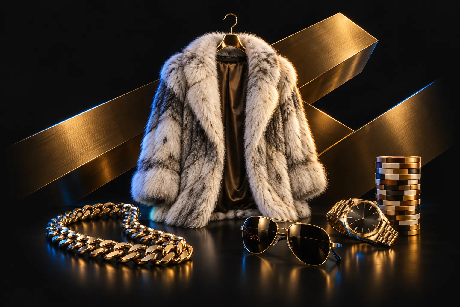 Mr Punter welcome bonus: a fur coat, gold chain and aviator sunglasses beside a stack of casino chips